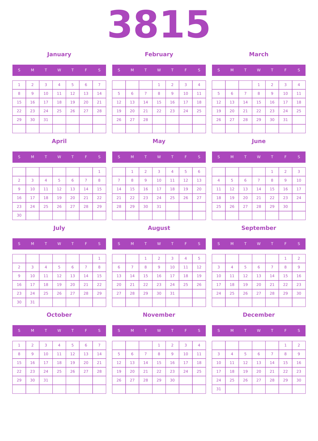 Printable 3815 Year Calendars purple