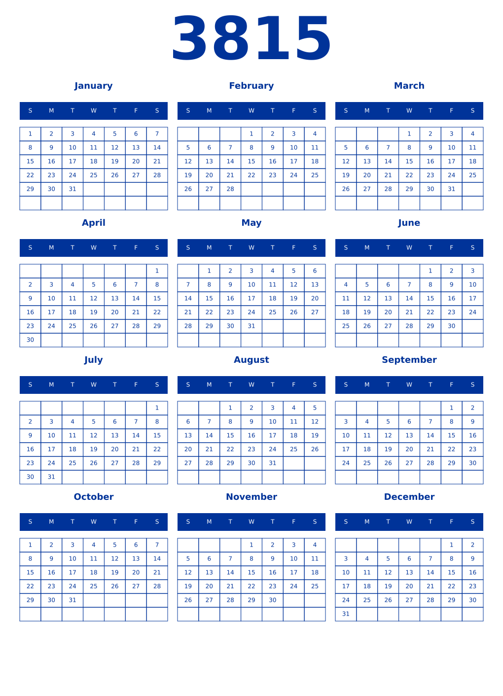Printable 3815 Year Calendars smalt