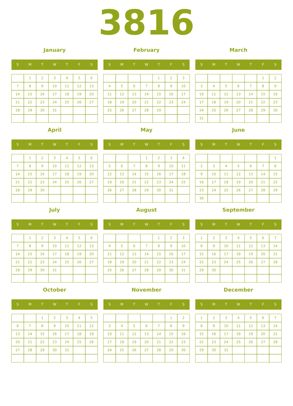 Printable 3816 Year Calendars chartreuse