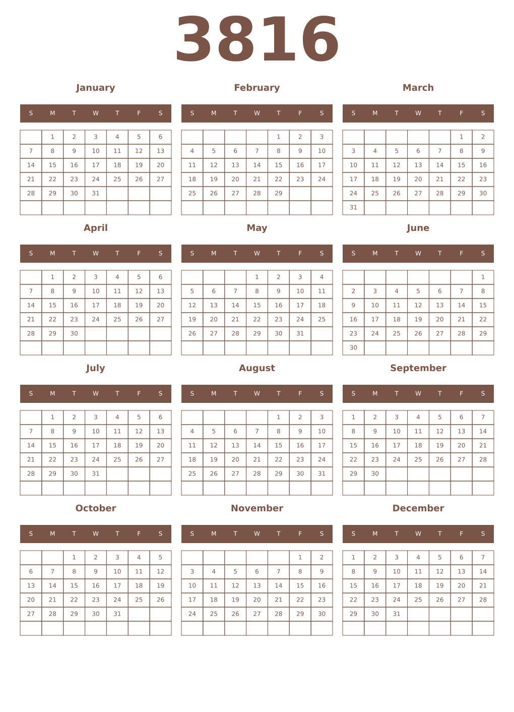 Printable 3816 Year Calendars coffe