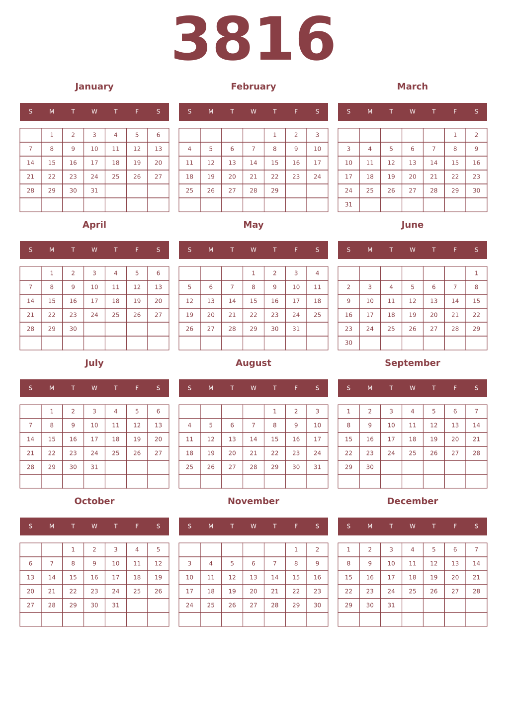 Printable 3816 Year Calendars cordovan
