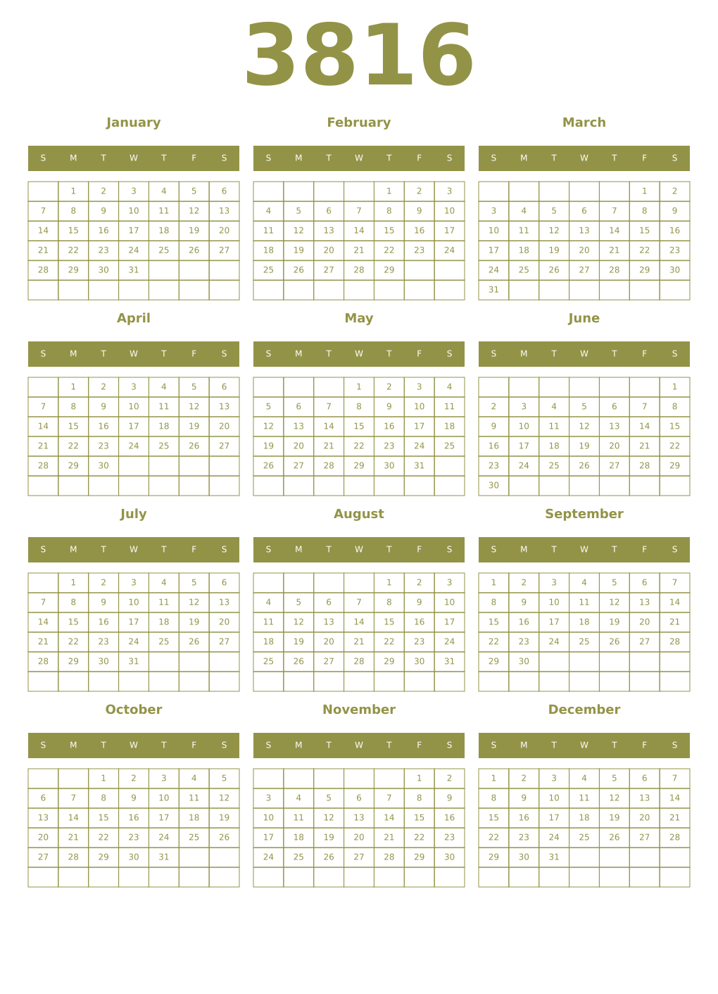 Printable 3816 Year Calendars eburnean