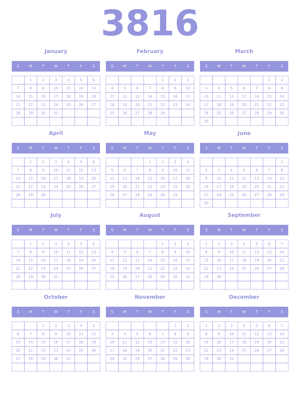 Printable 3816 Year Calendars periwinkle