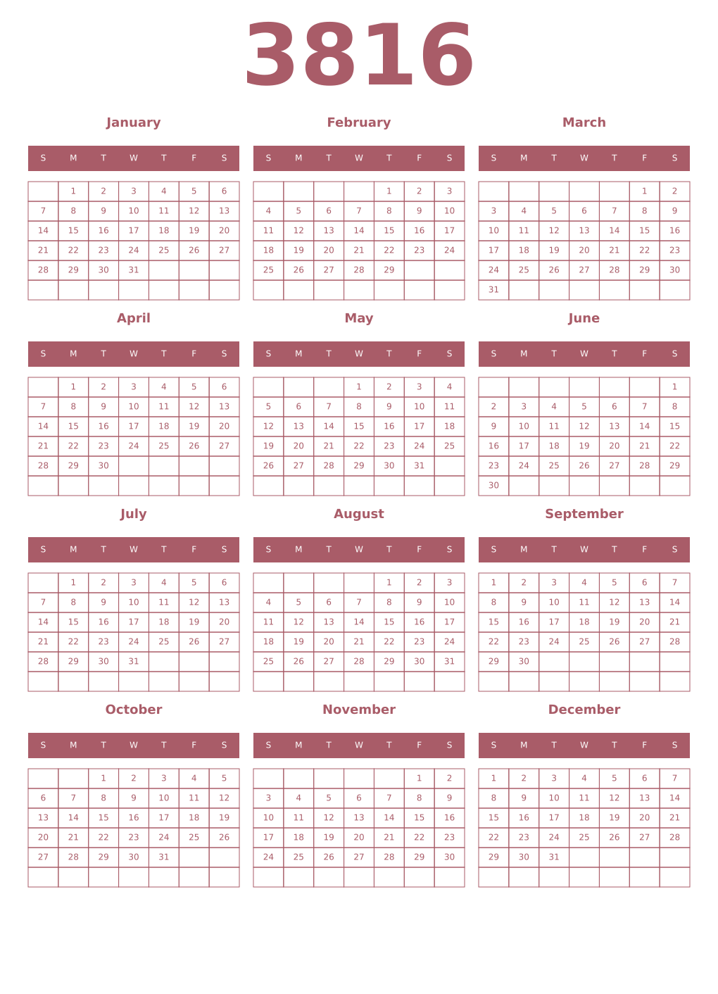 Printable 3816 Year Calendars puce