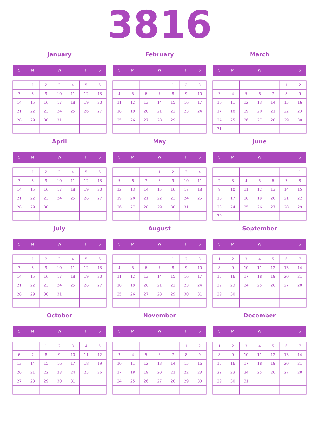 Printable 3816 Year Calendars purple