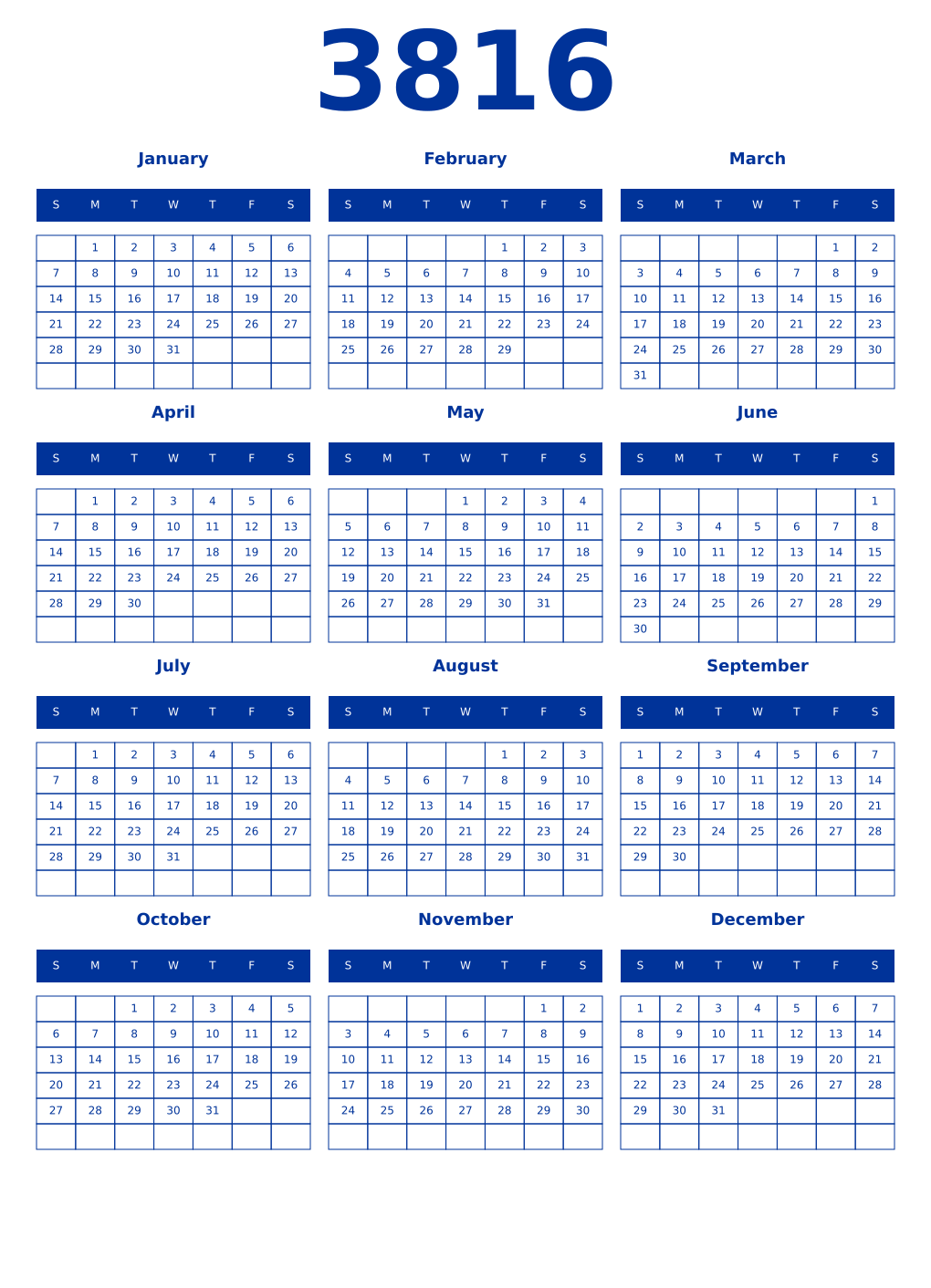 Printable 3816 Year Calendars smalt