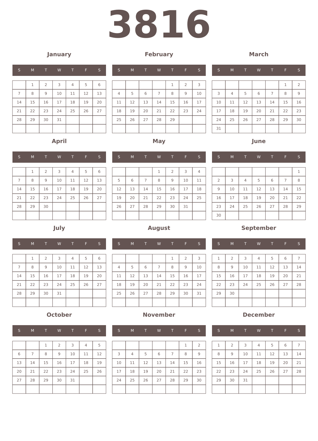 Printable 3816 Year Calendars wenge