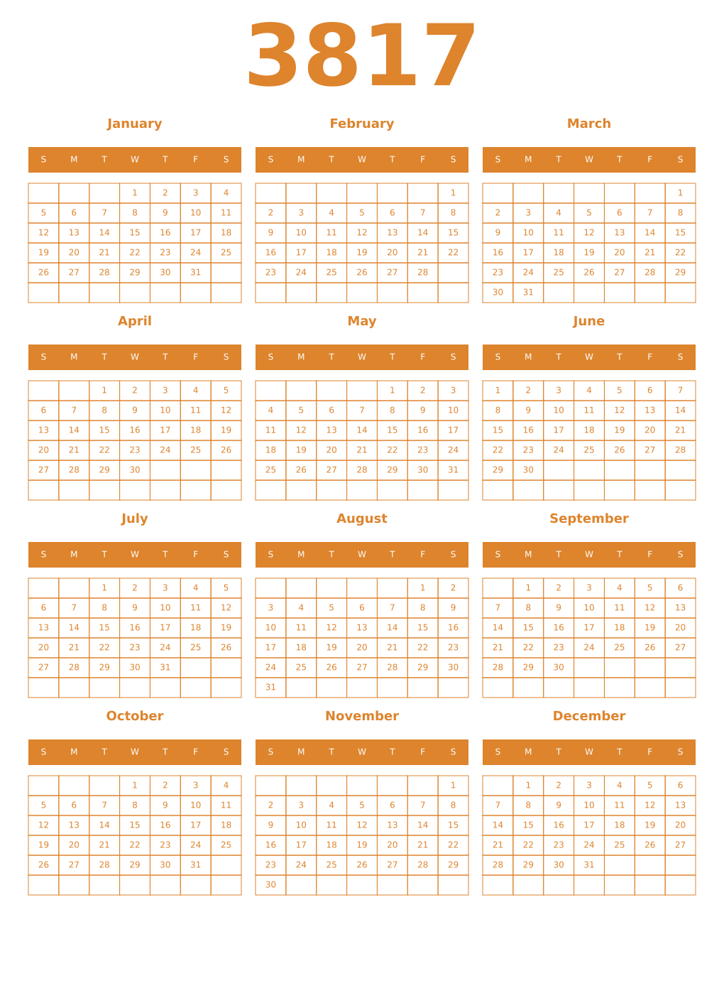 Printable 3817 Year Calendars orange