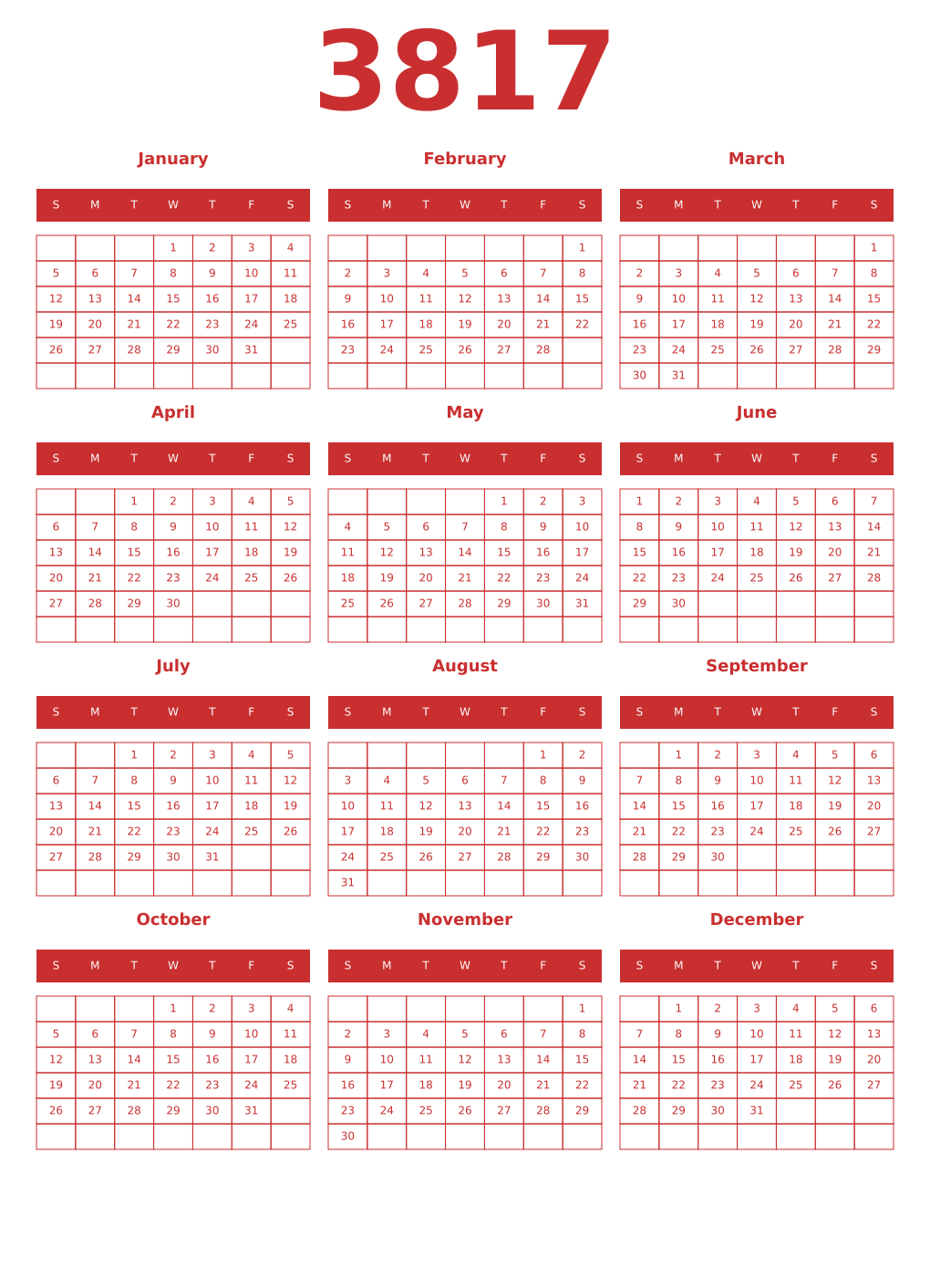 Printable 3817 Year Calendars red