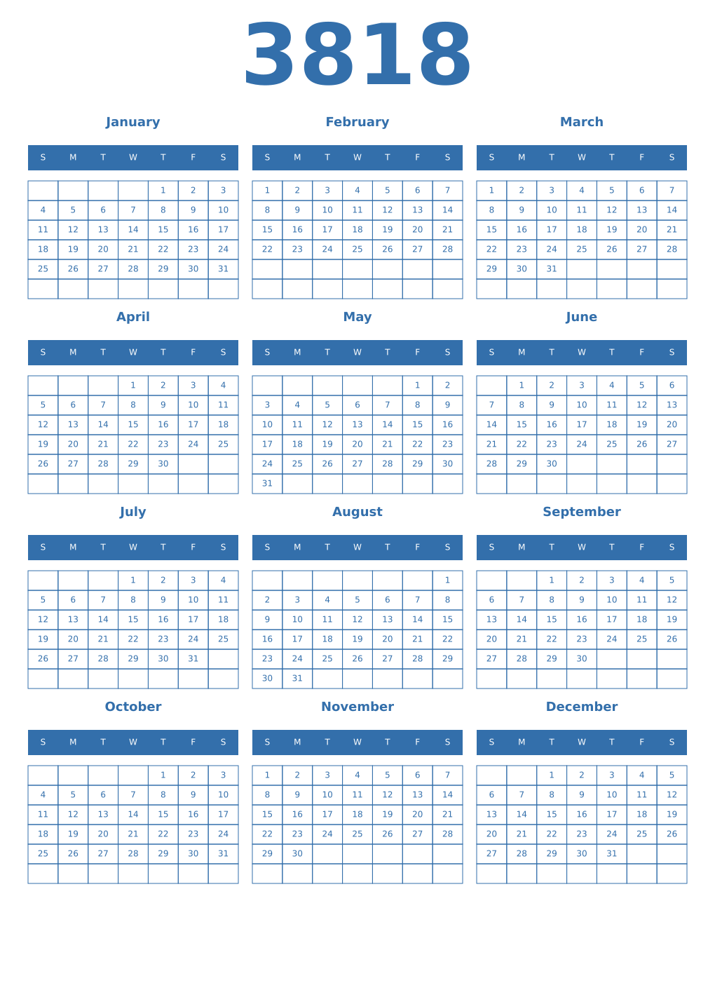Printable 3818 Year Calendars blue