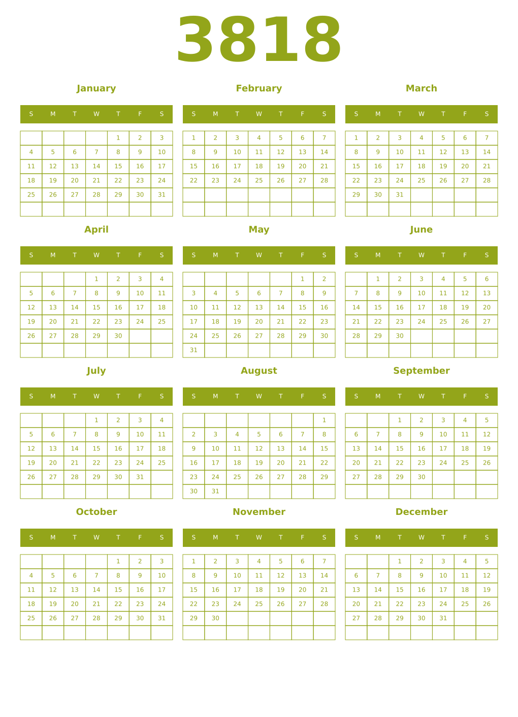 Printable 3818 Year Calendars chartreuse