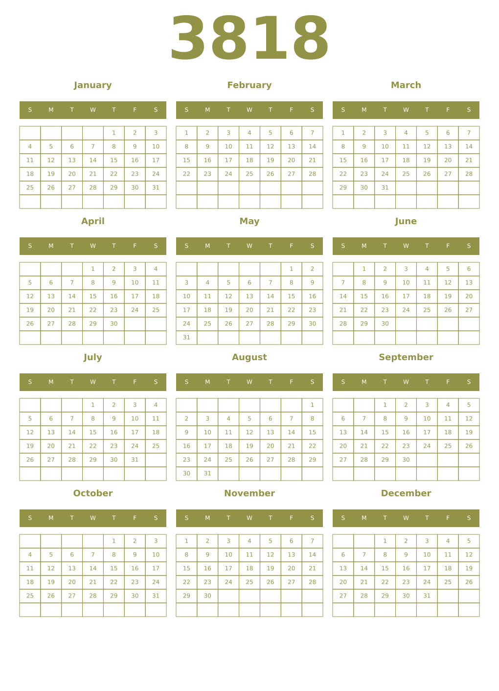 Printable 3818 Year Calendars eburnean