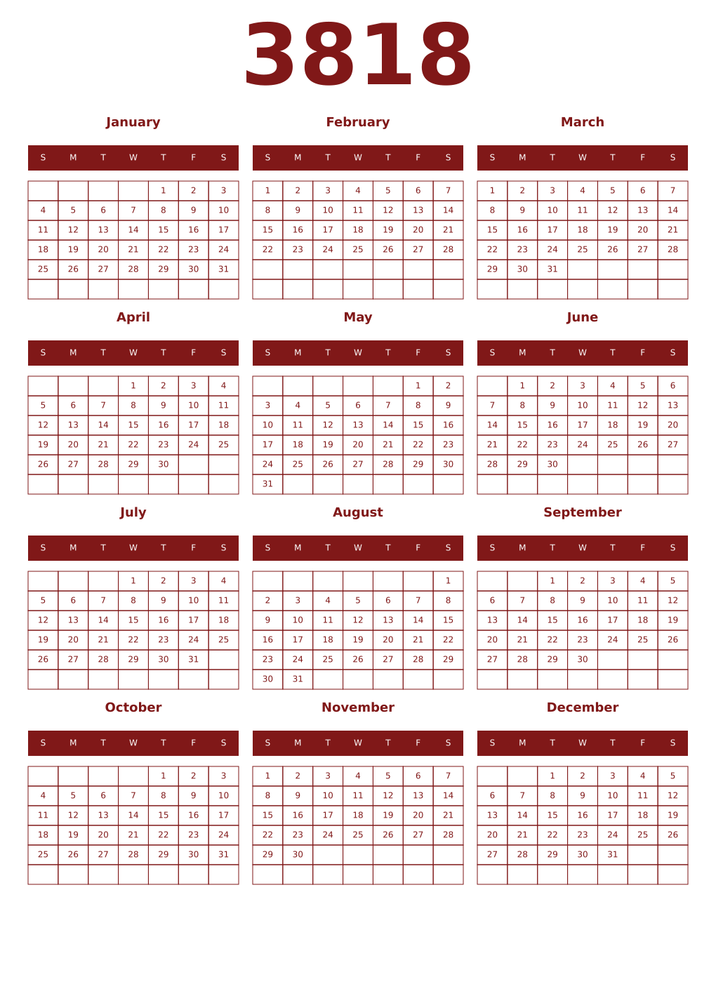 Printable 3818 Year Calendars falu