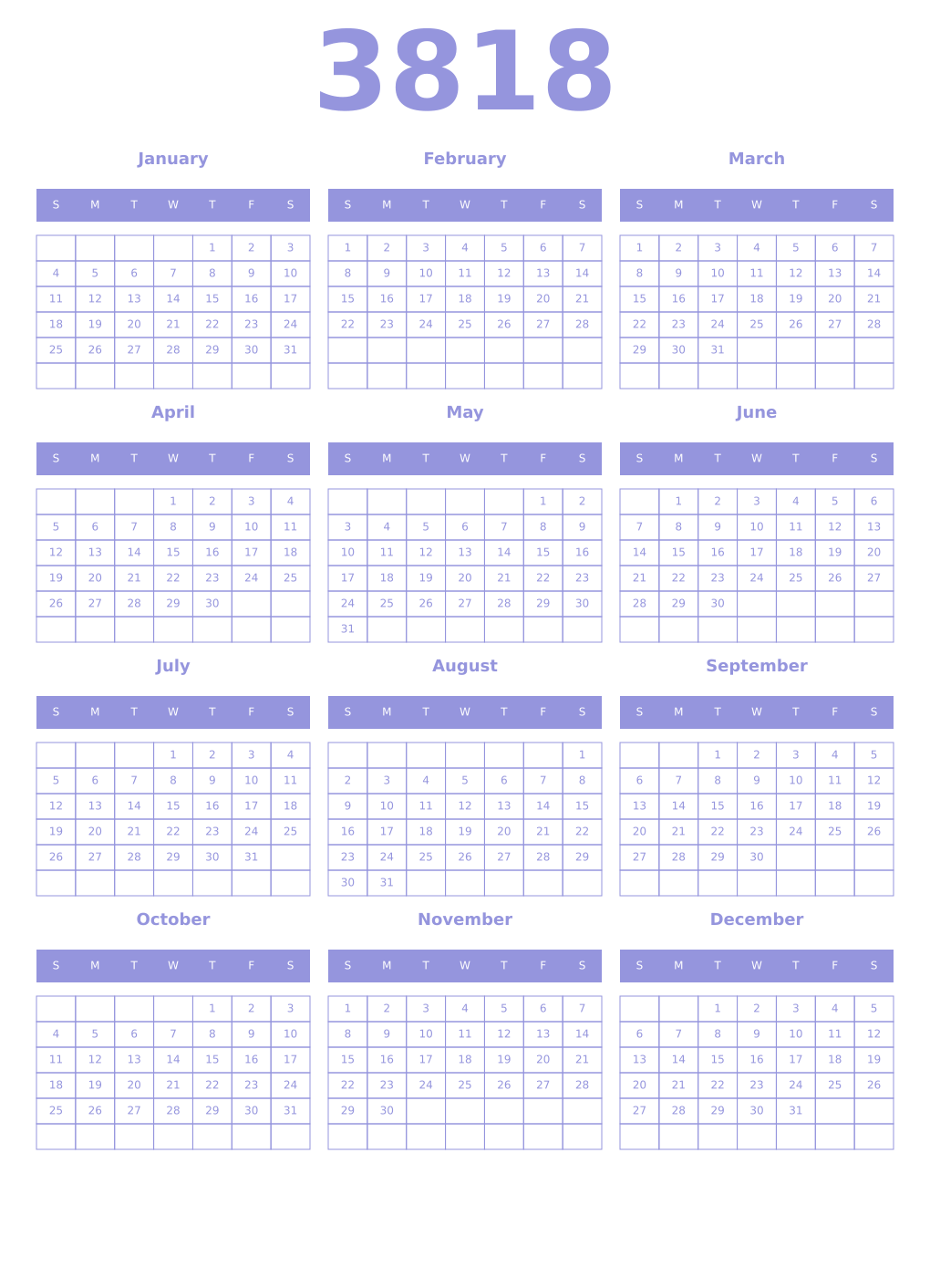 Printable 3818 Year Calendars periwinkle