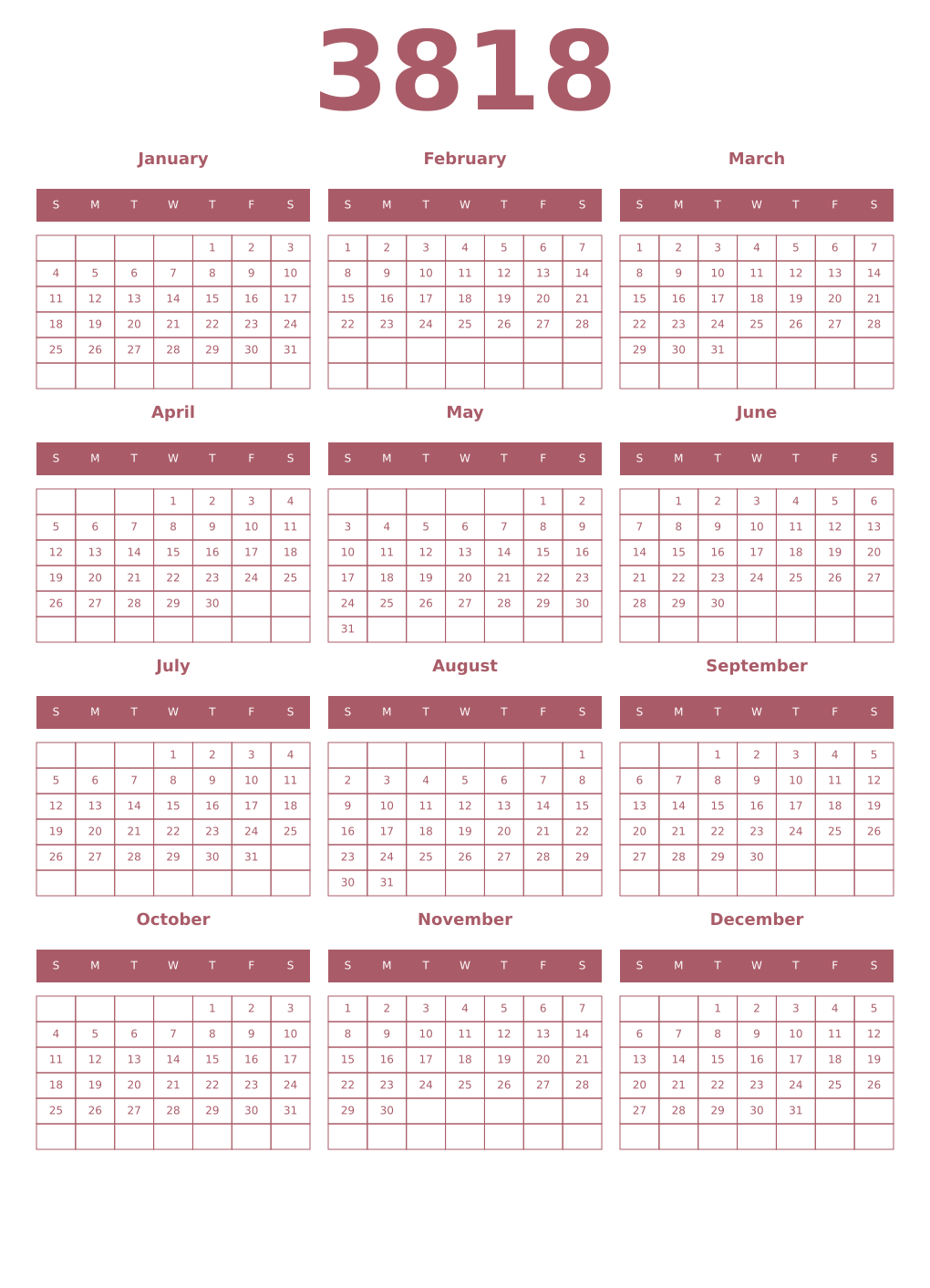 Printable 3818 Year Calendars puce