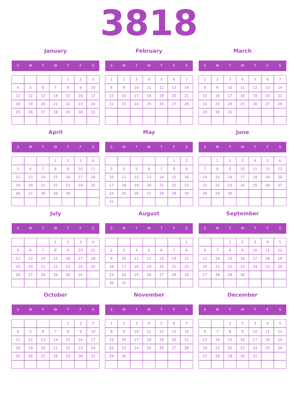 Printable 3818 Year Calendars purple