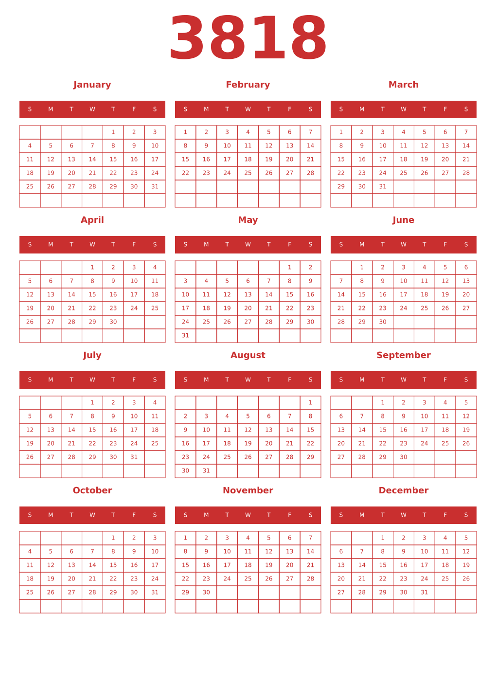 Printable 3818 Year Calendars red