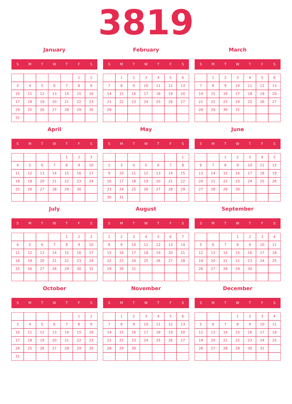 Printable 3819 Year Calendars amaranth