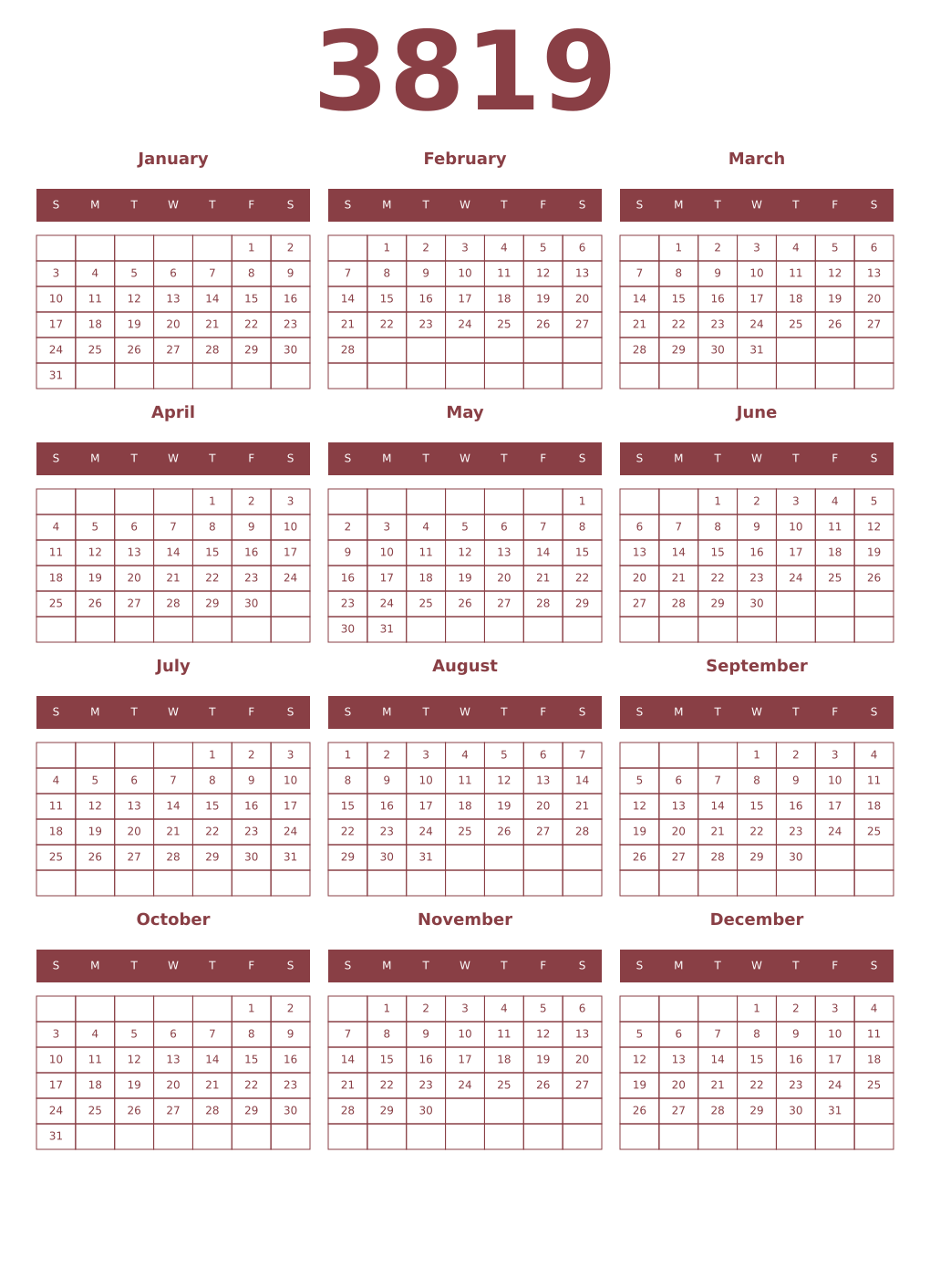Printable 3819 Year Calendars cordovan