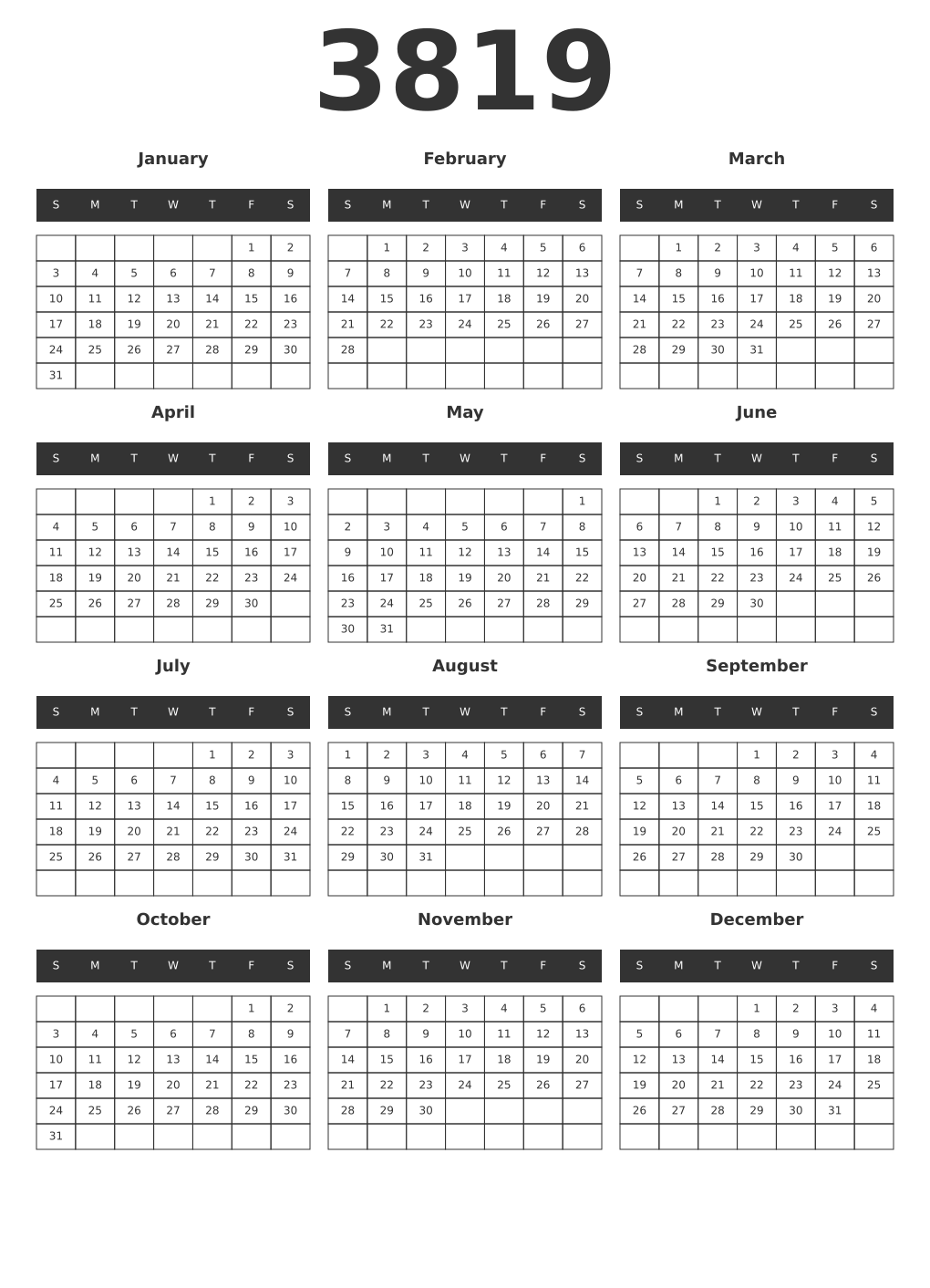 Printable 3819 Year Calendars dark