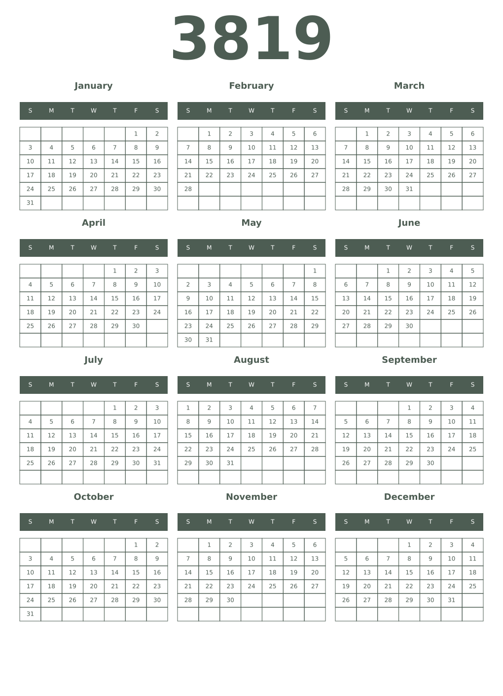 Printable 3819 Year Calendars feldgrau