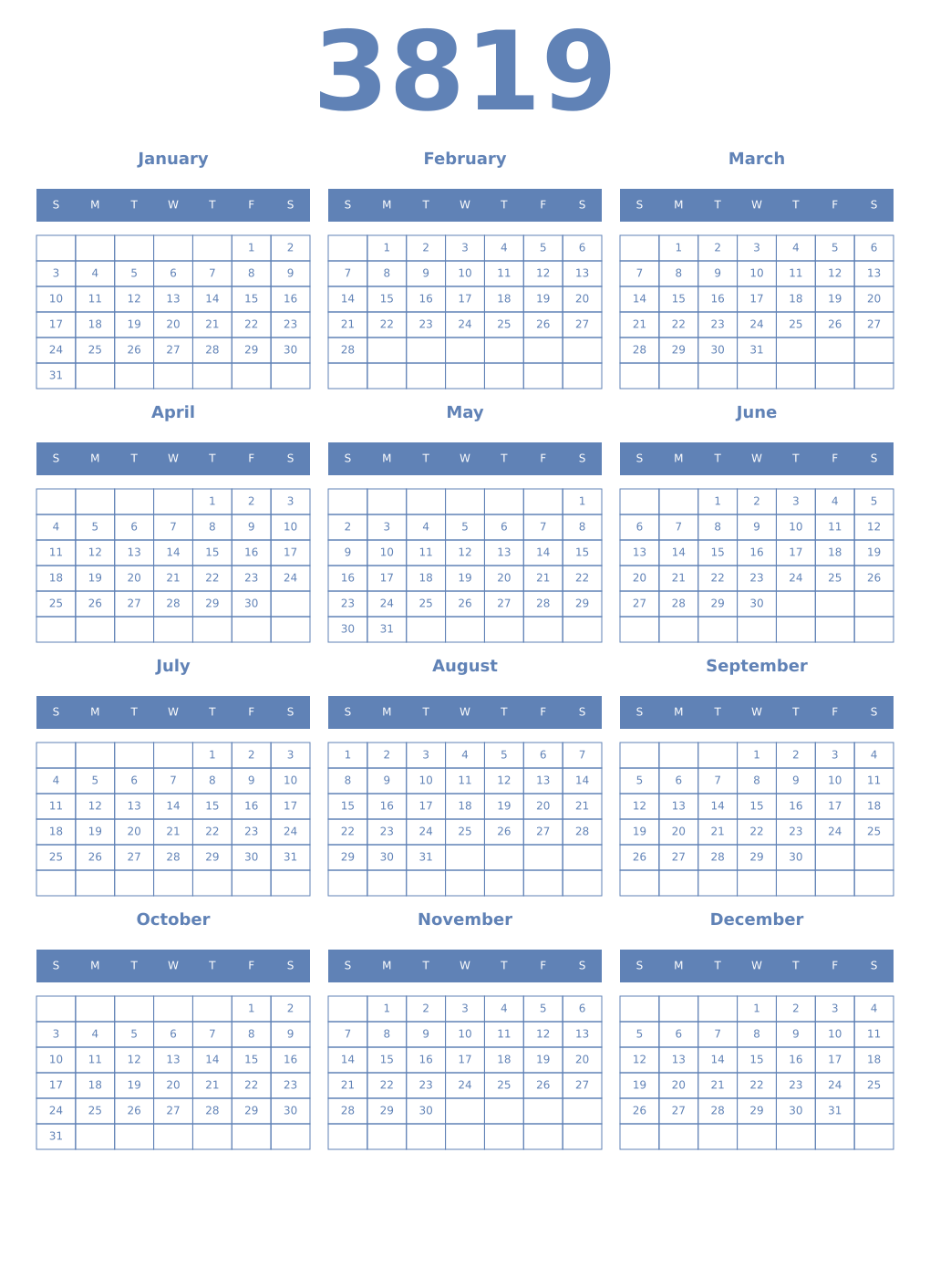 Printable 3819 Year Calendars glaucous
