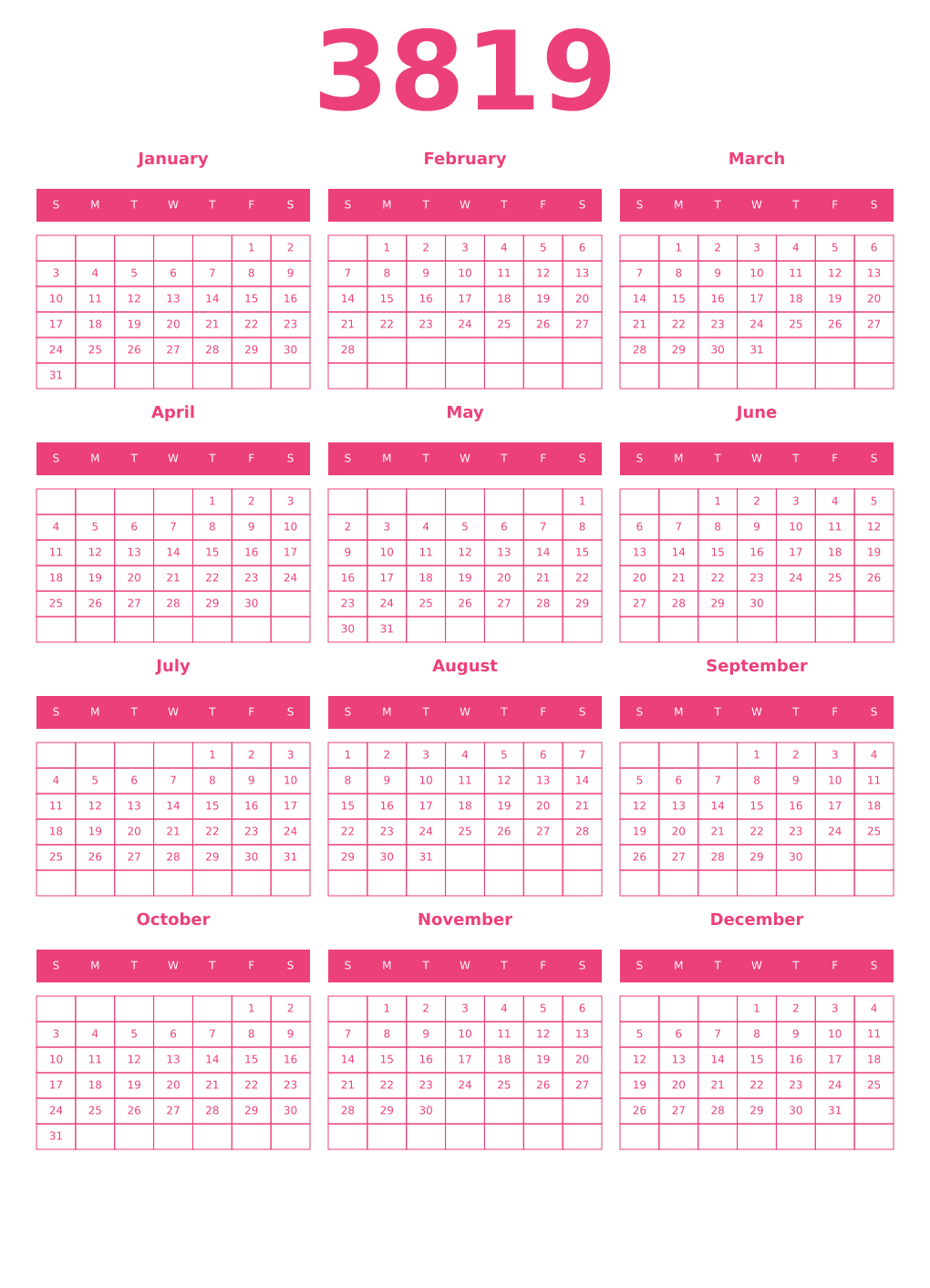 Printable 3819 Year Calendars pink