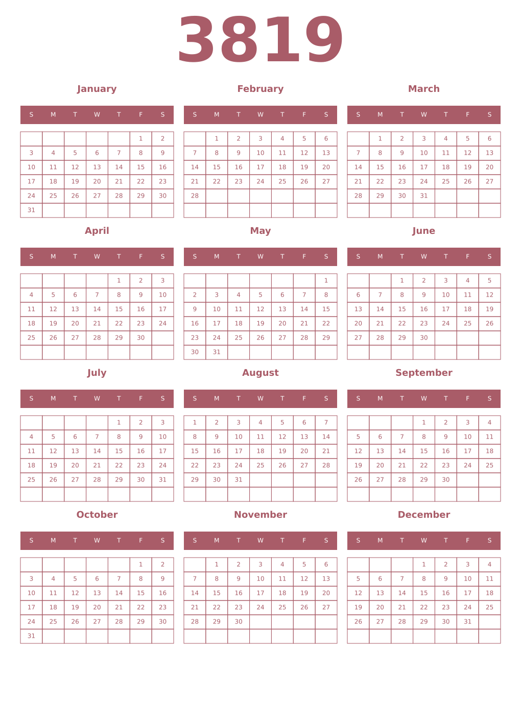 Printable 3819 Year Calendars puce