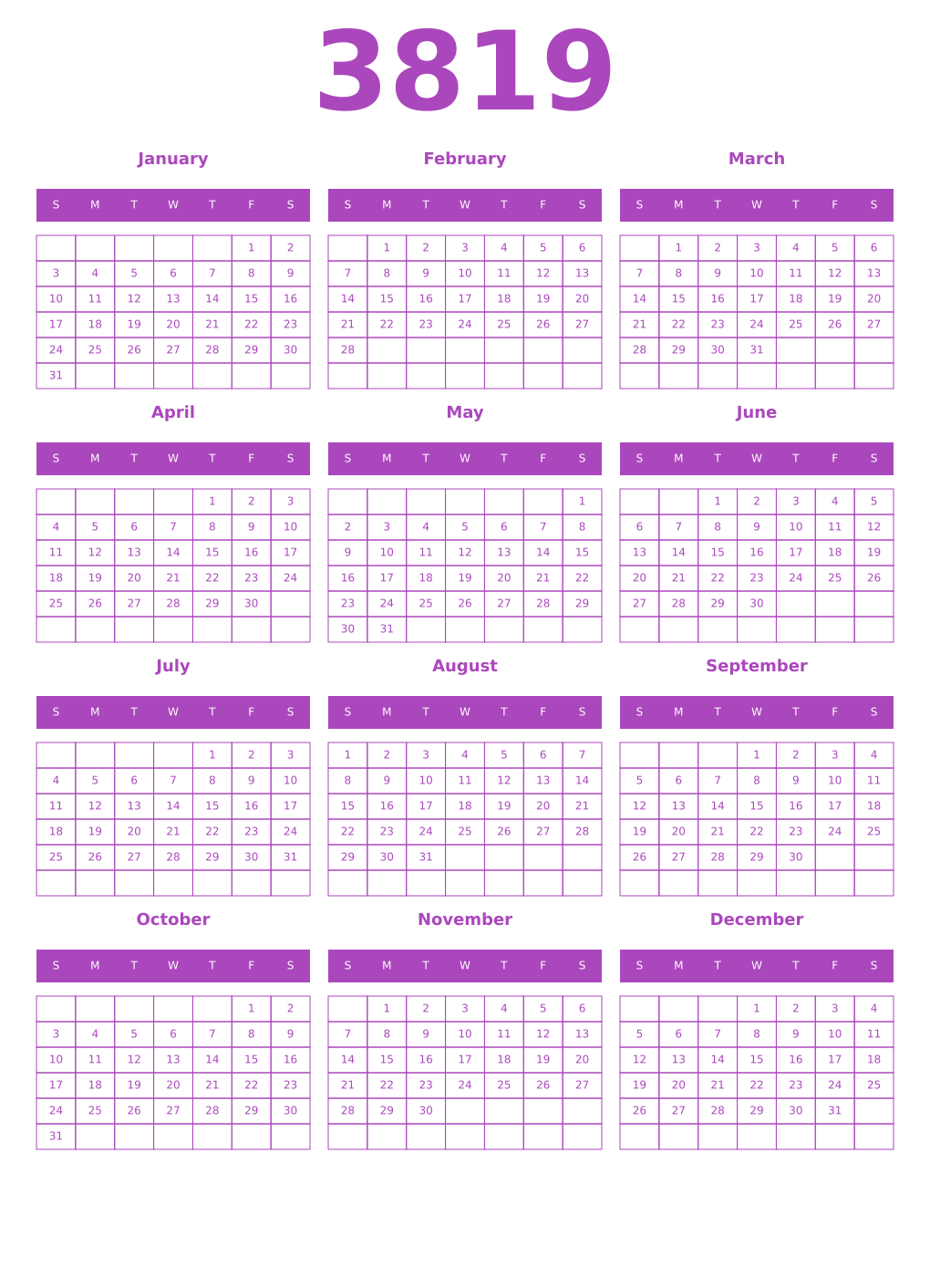 Printable 3819 Year Calendars purple