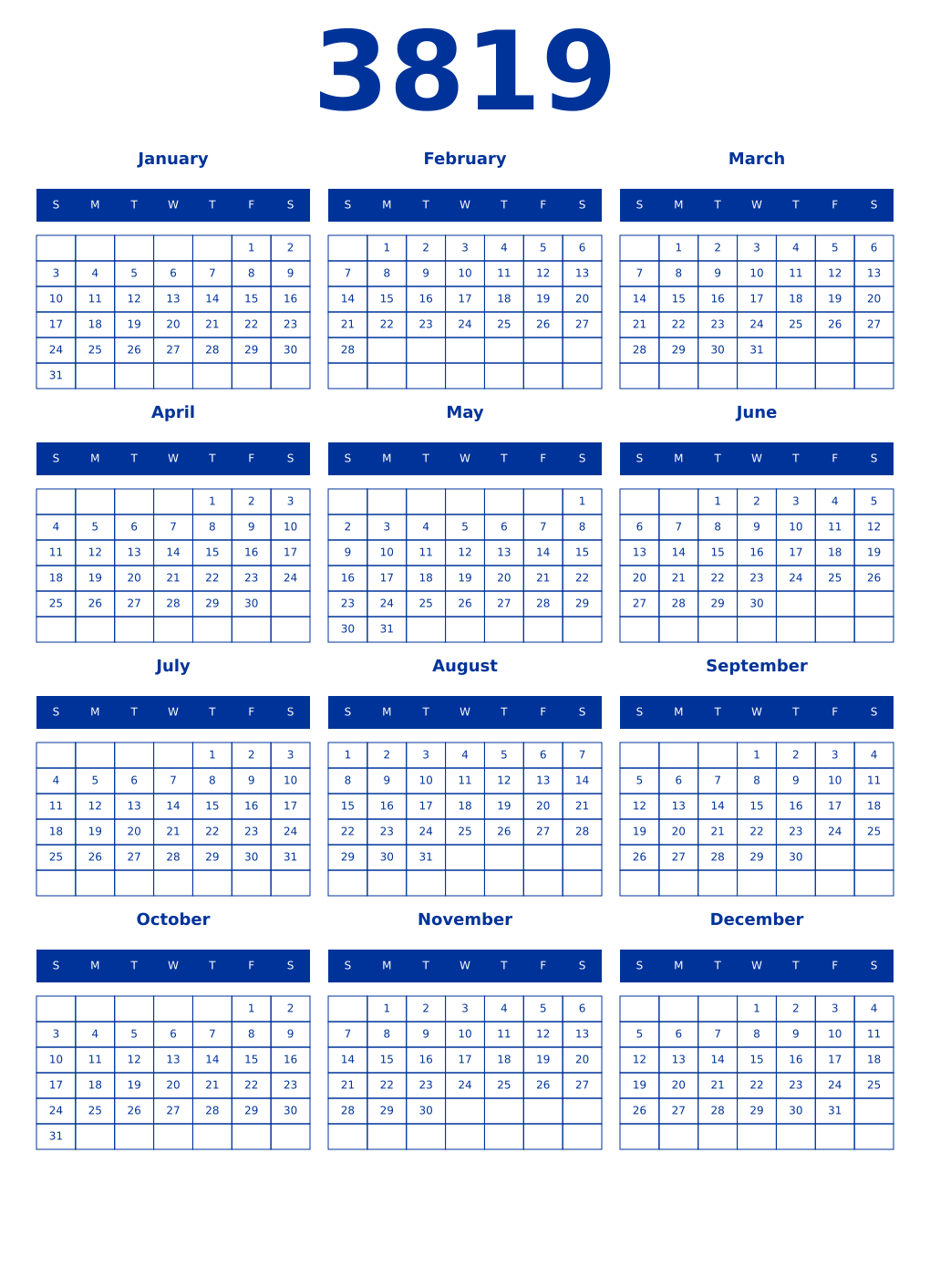 Printable 3819 Year Calendars smalt
