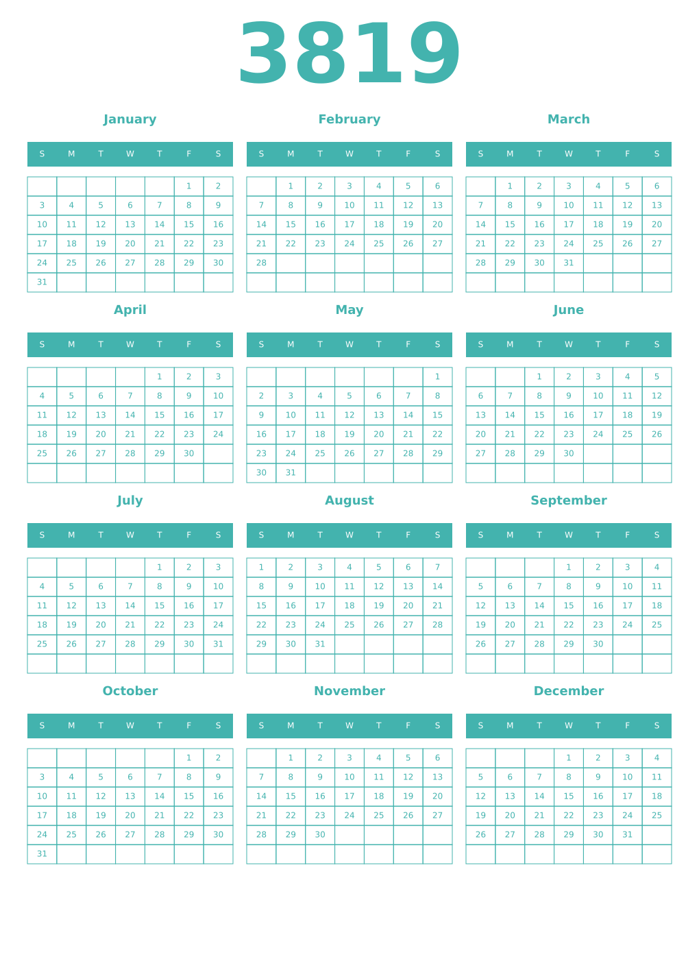 Printable 3819 Year Calendars verdigris