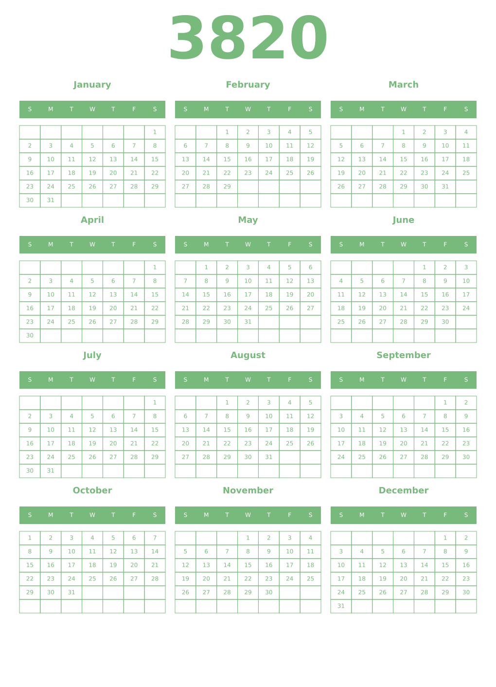 Printable 3820 Year Calendars celadon