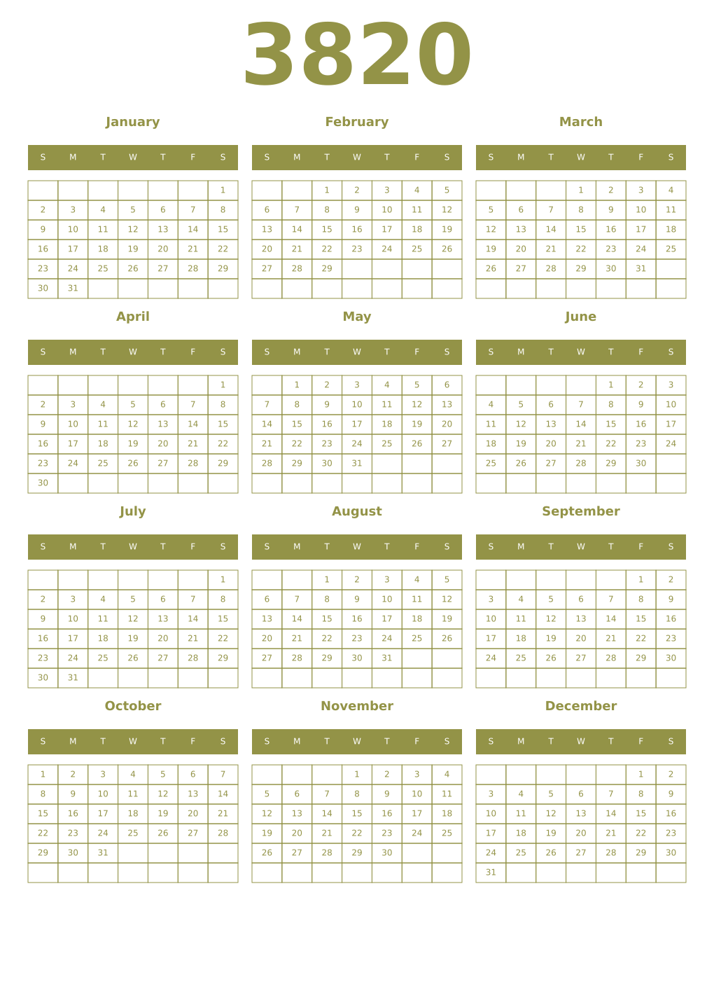 Printable 3820 Year Calendars eburnean