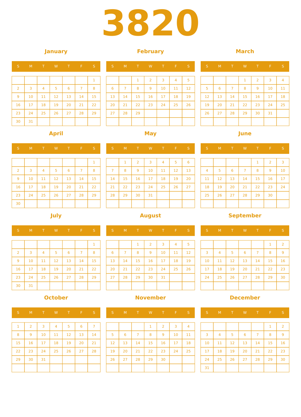 Printable 3820 Year Calendars gamboge