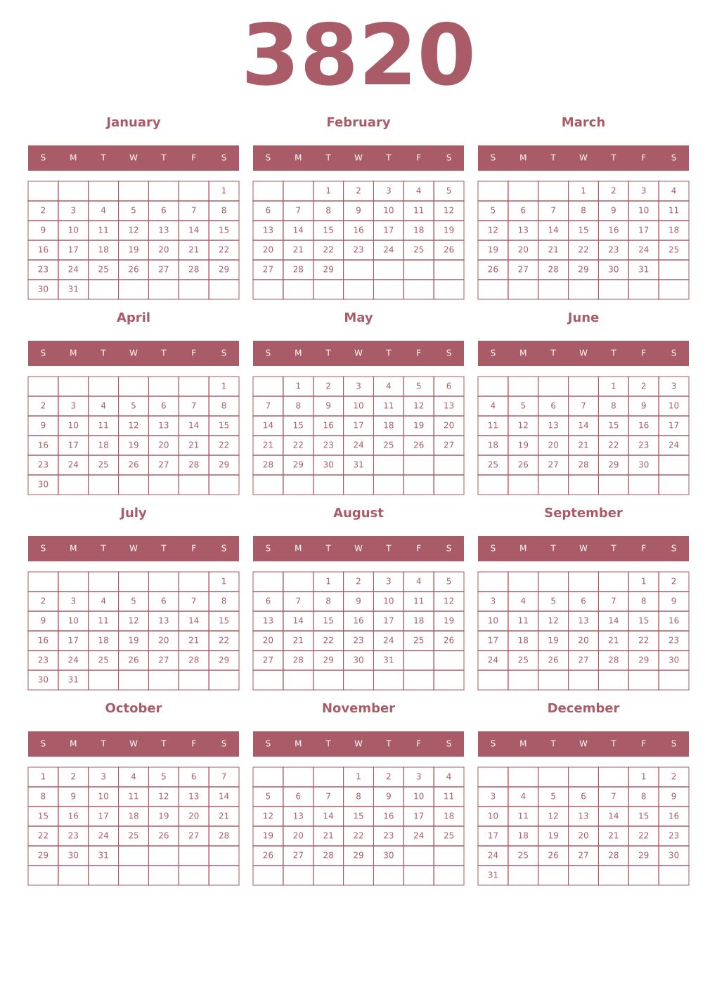 Printable 3820 Year Calendars puce