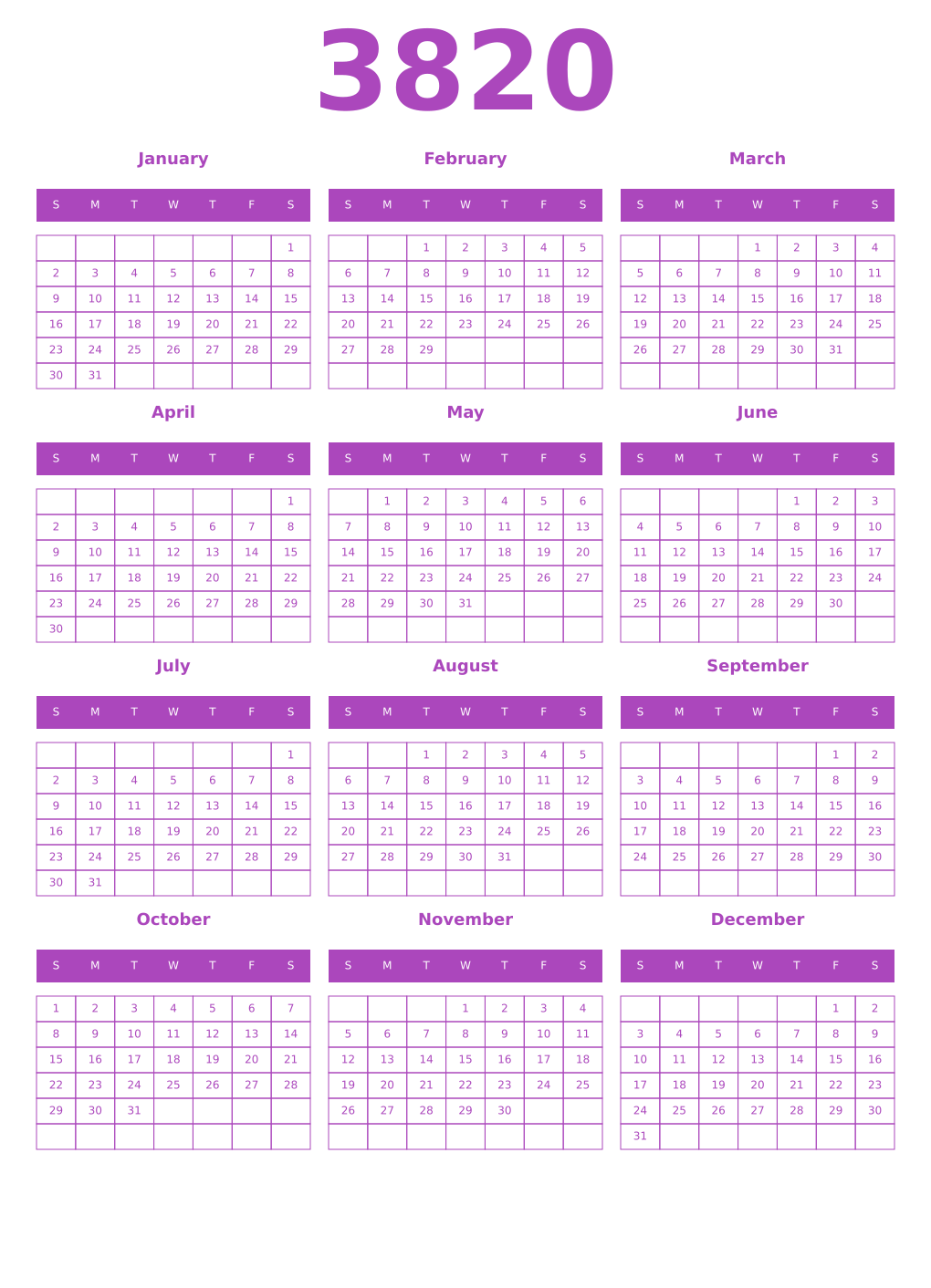 Printable 3820 Year Calendars purple