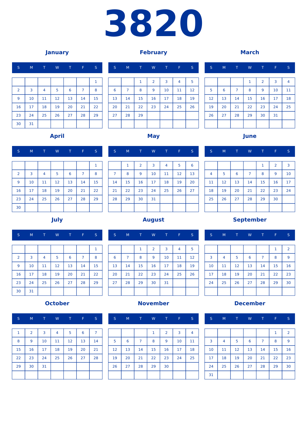 Printable 3820 Year Calendars smalt