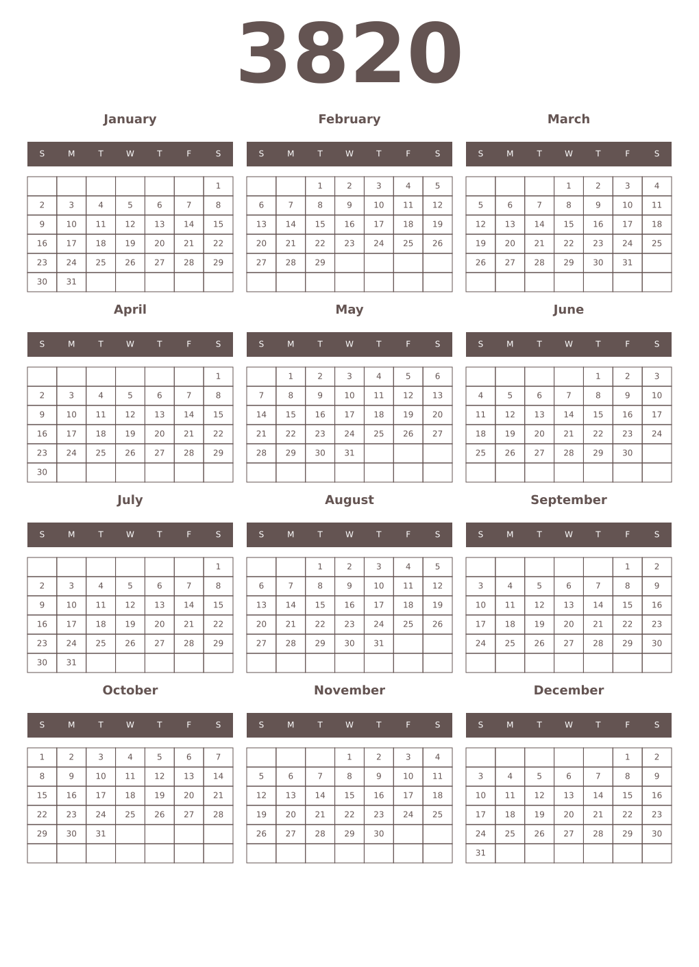 Printable 3820 Year Calendars wenge