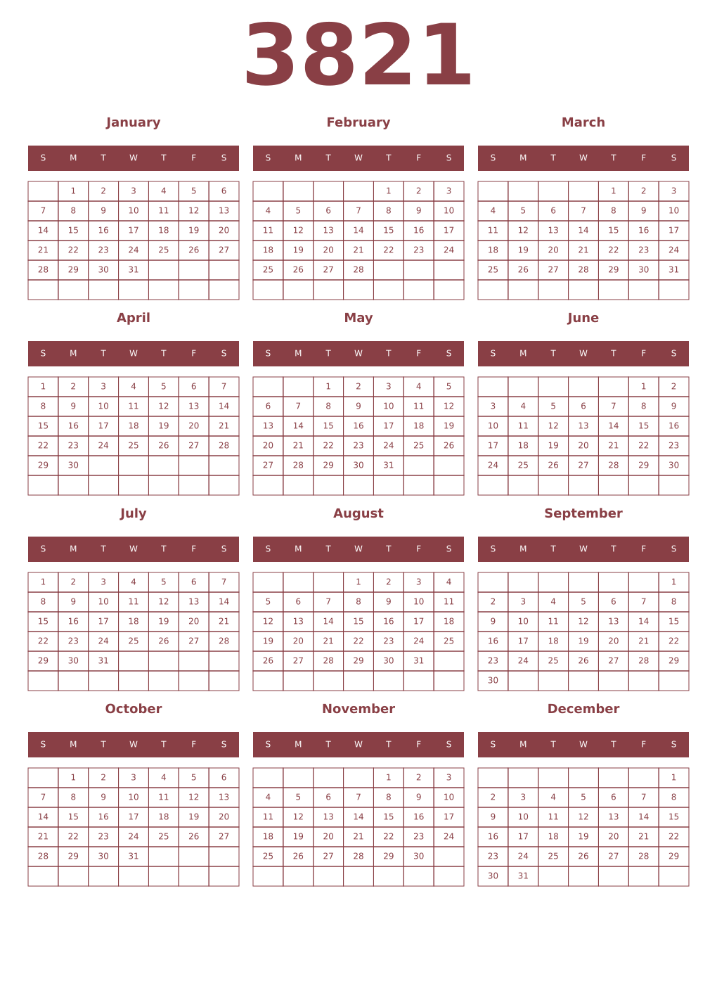 Printable 3821 Year Calendars cordovan
