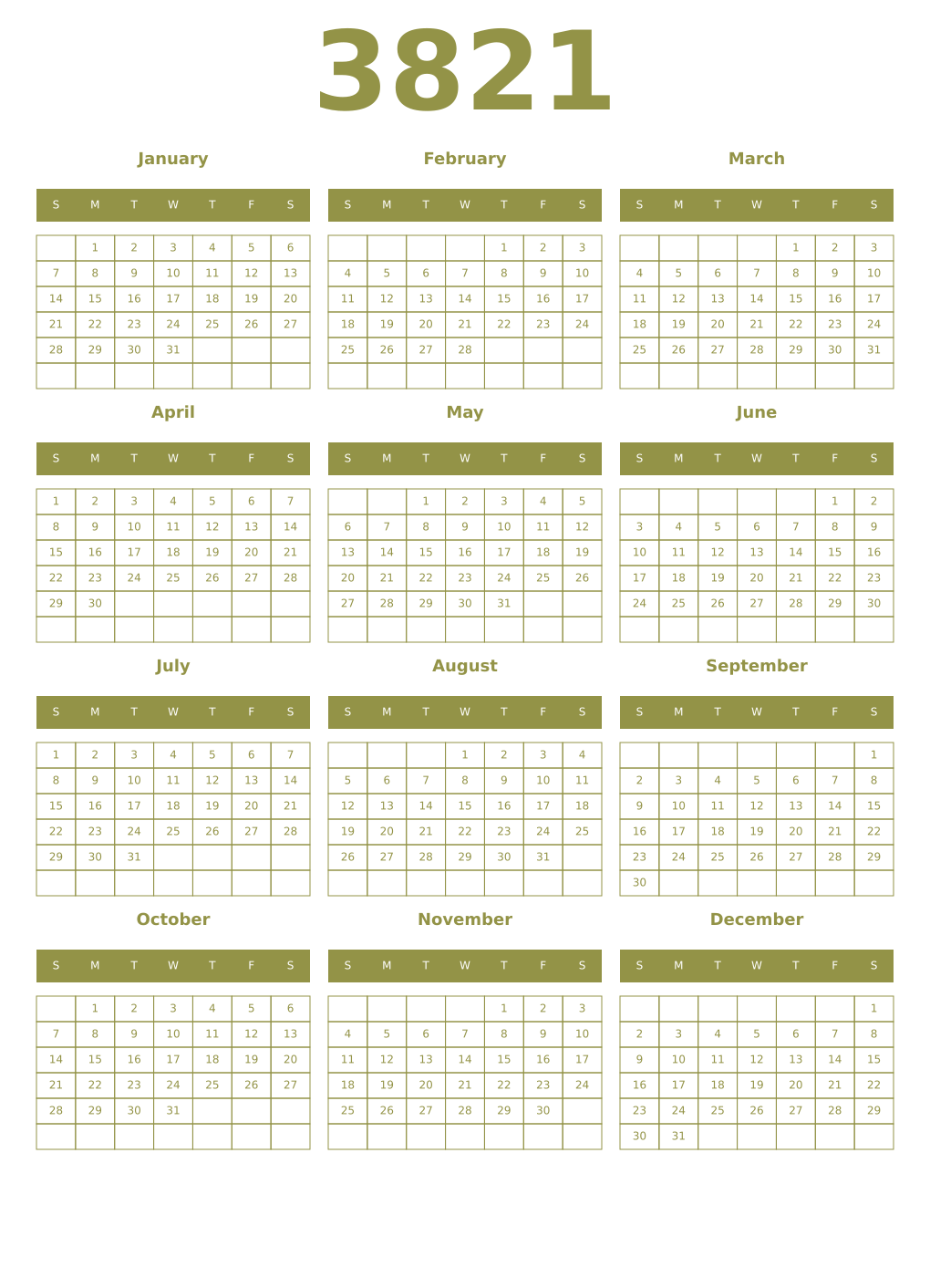 Printable 3821 Year Calendars eburnean