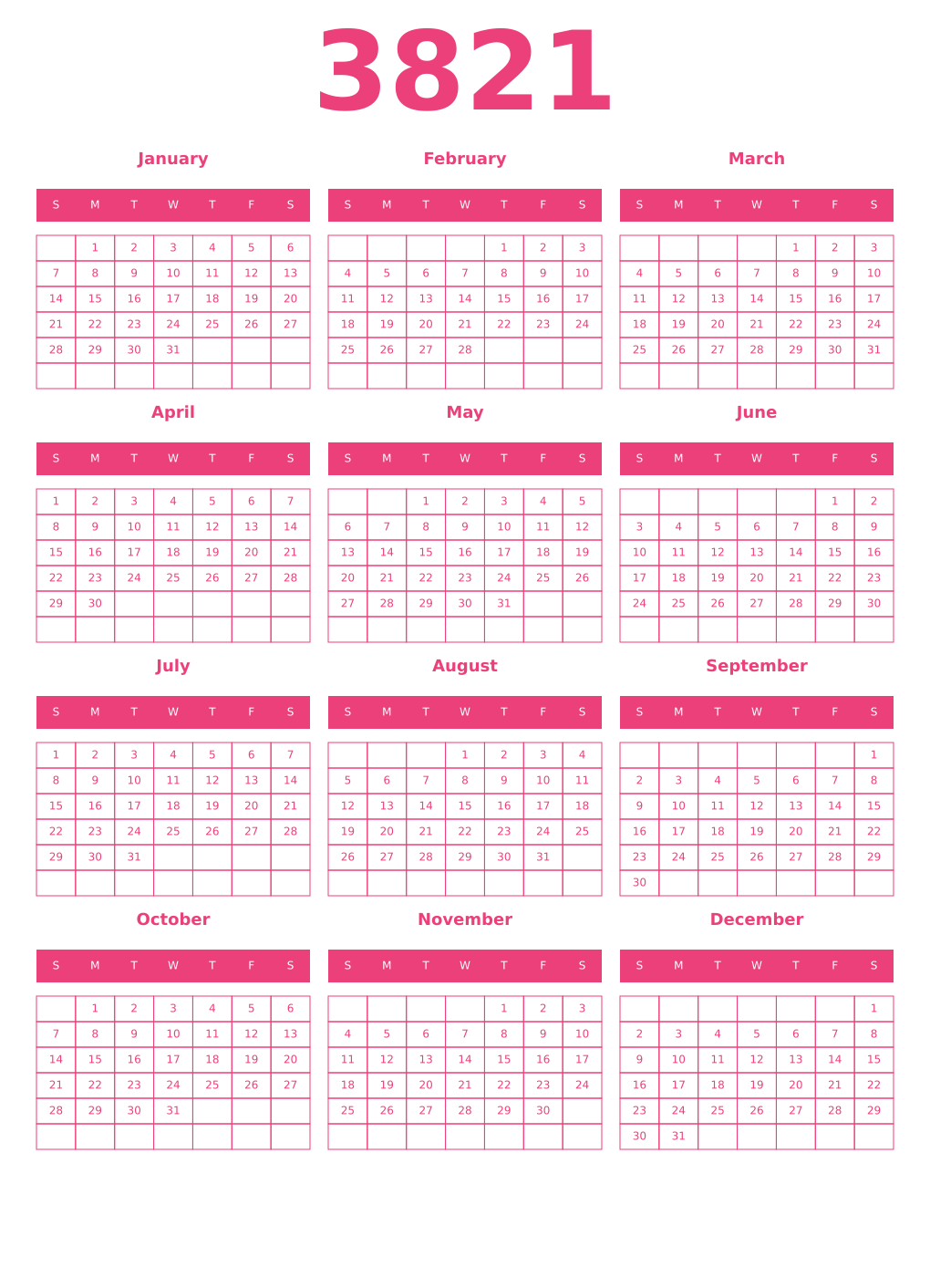 Printable 3821 Year Calendars pink