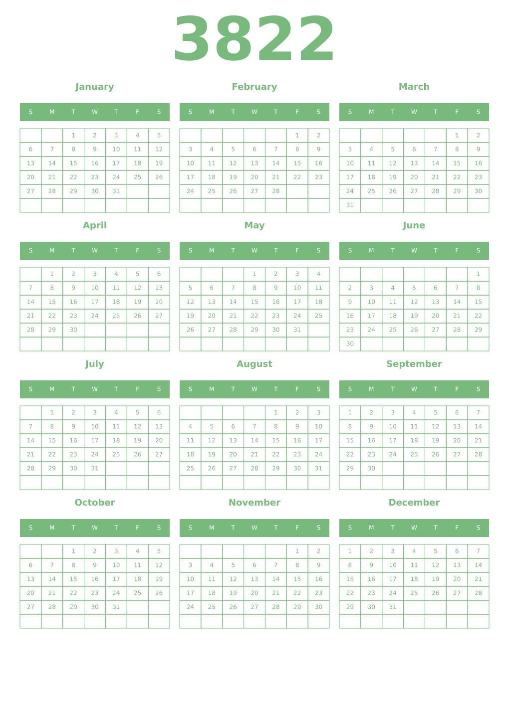 Printable 3822 Year Calendars celadon