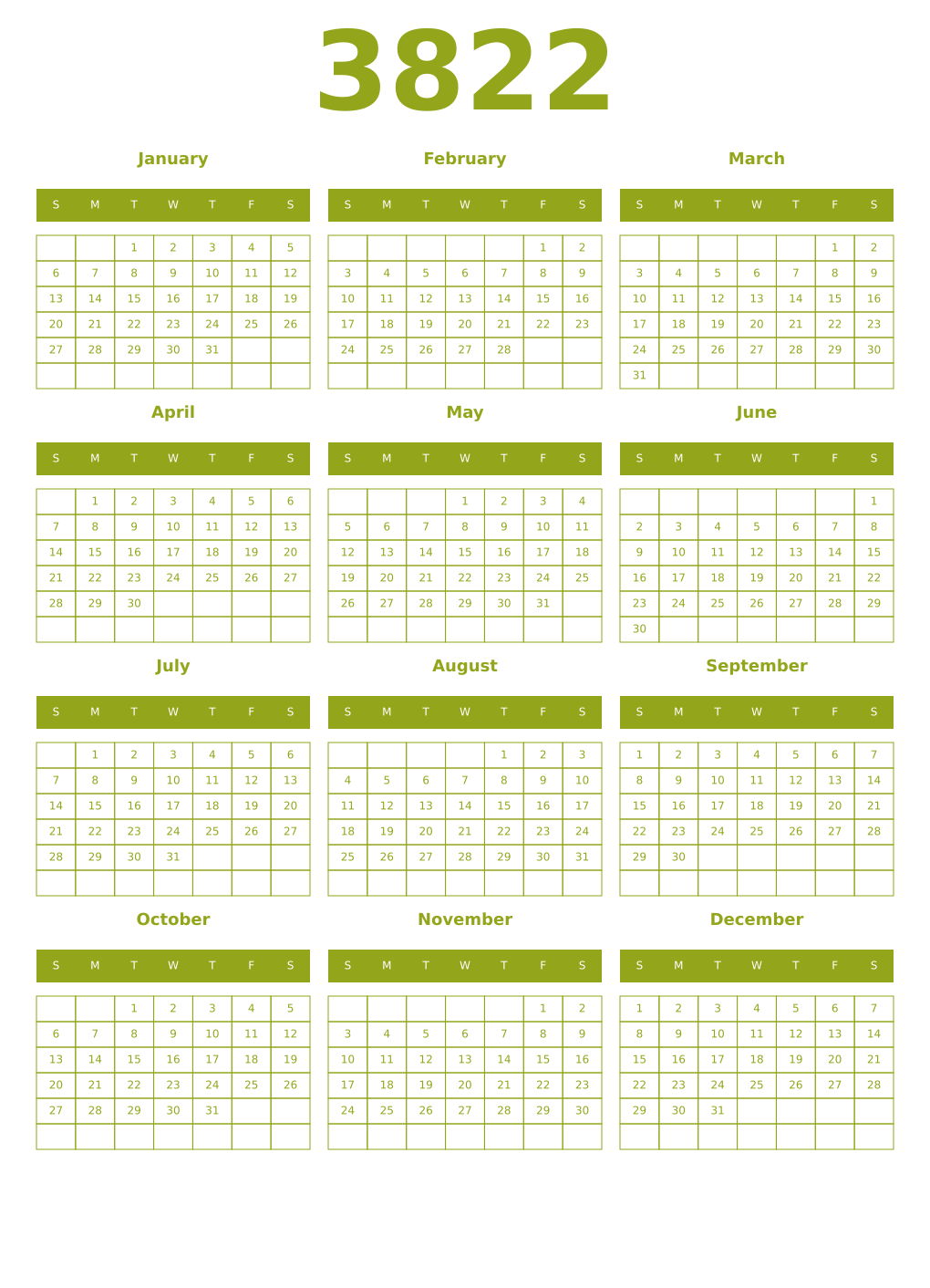 Printable 3822 Year Calendars chartreuse