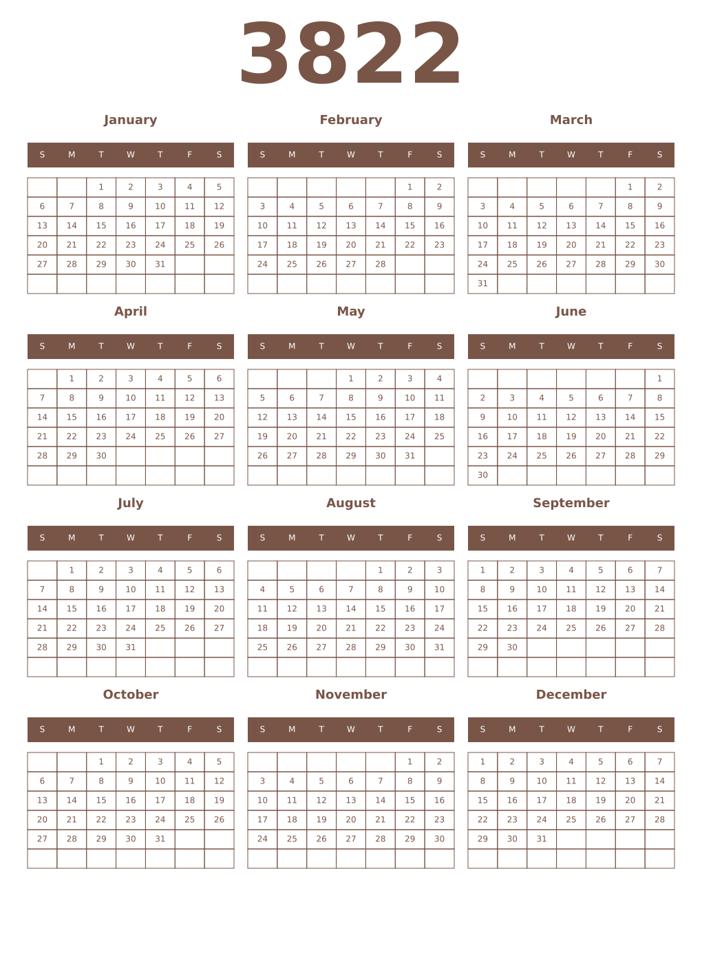 Printable 3822 Year Calendars coffe