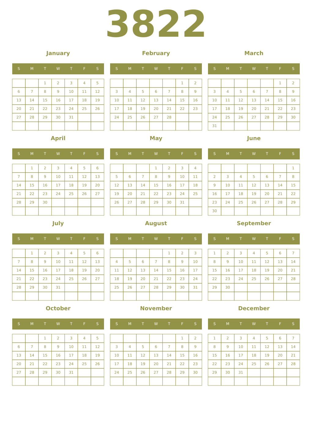 Printable 3822 Year Calendars eburnean