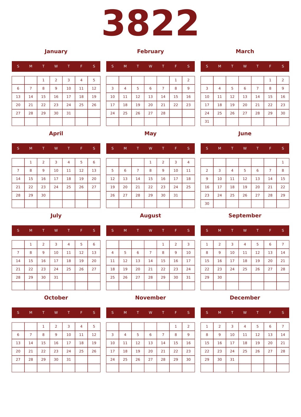 Printable 3822 Year Calendars falu