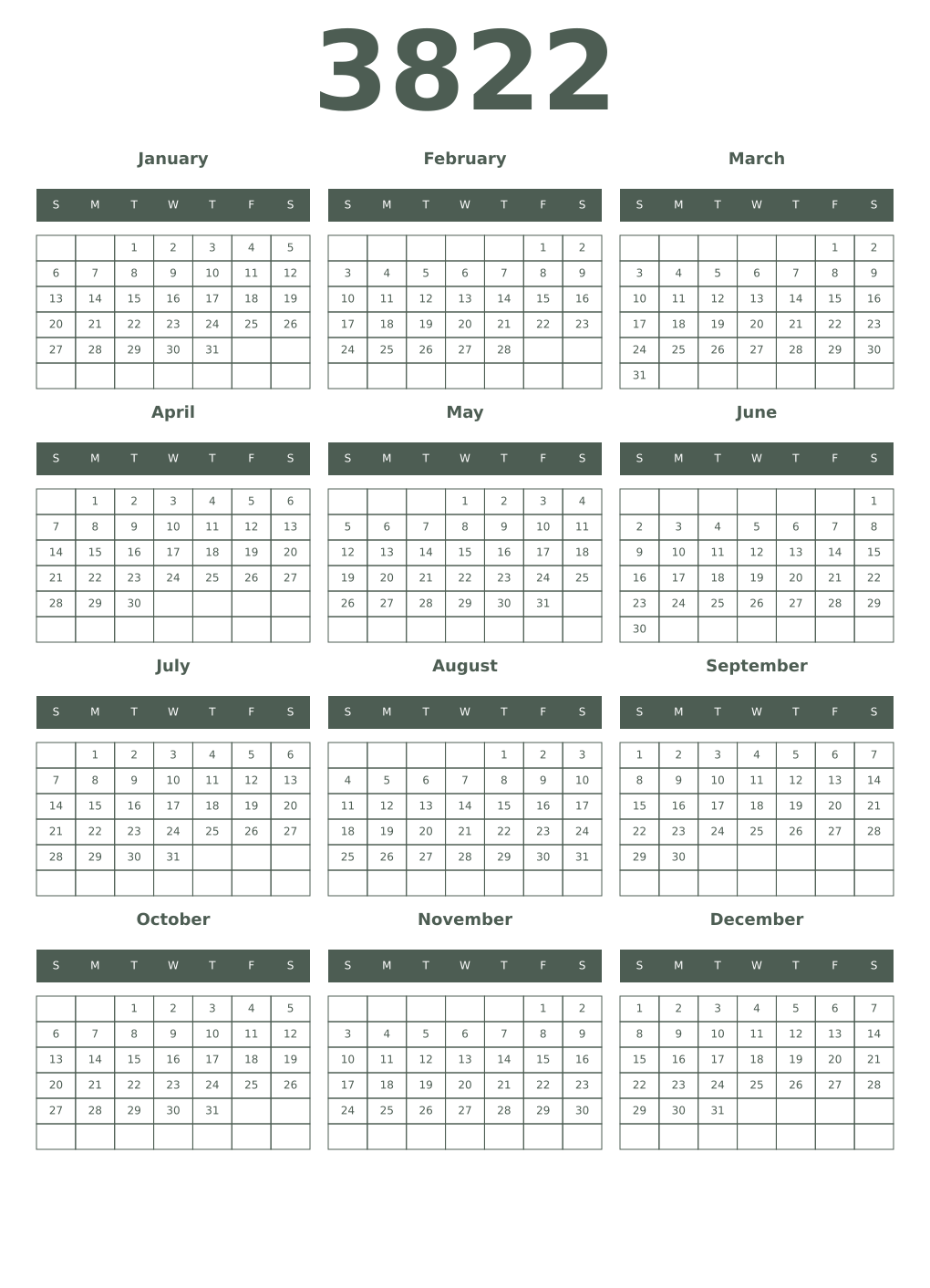 Printable 3822 Year Calendars feldgrau