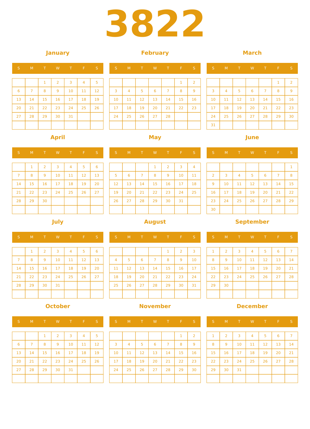 Printable 3822 Year Calendars gamboge