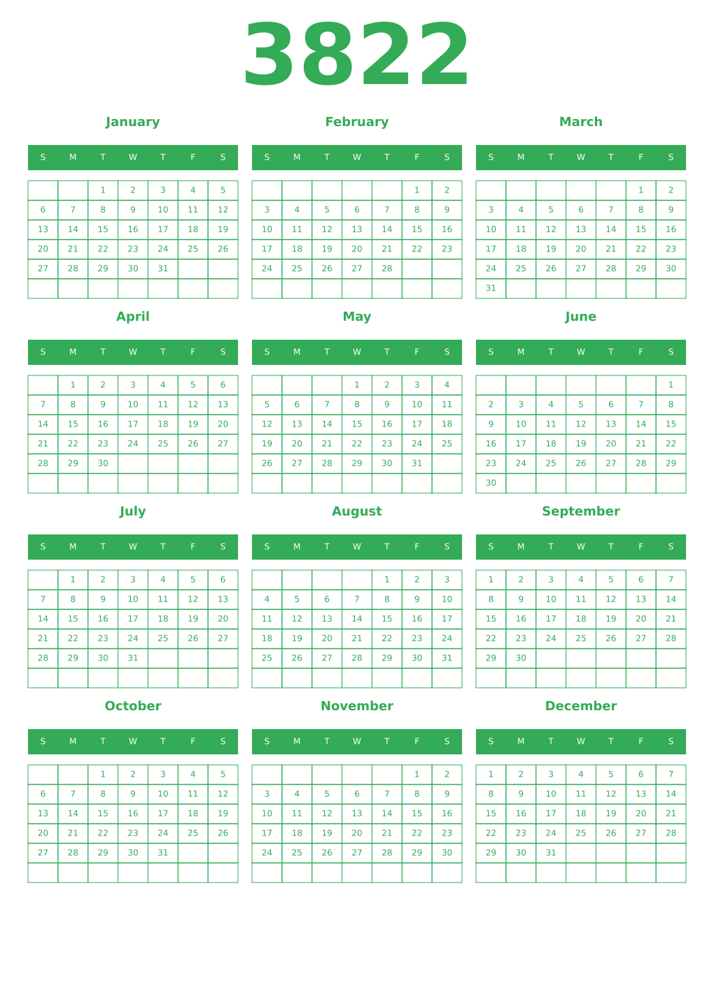 Printable 3822 Year Calendars green