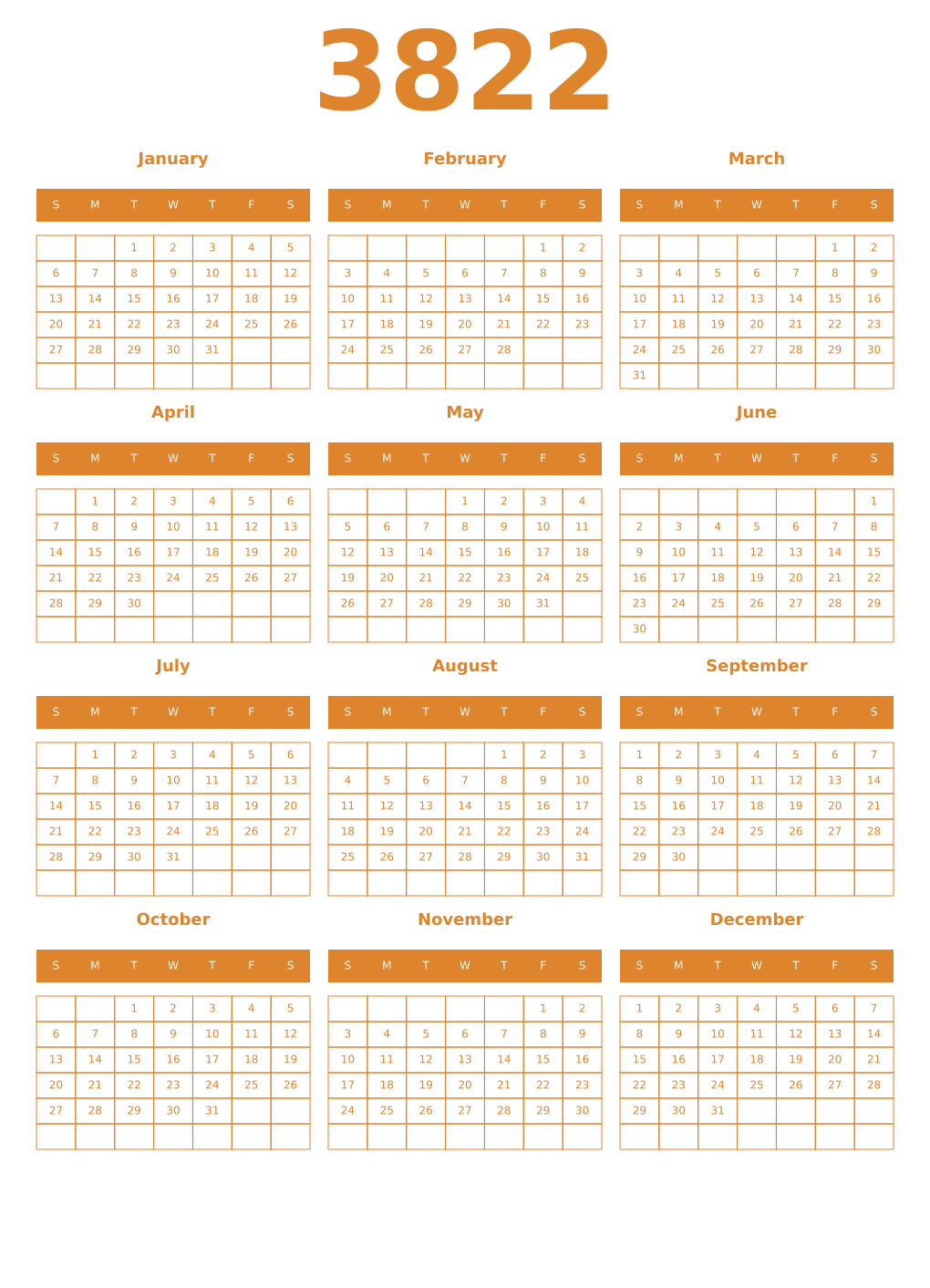 Printable 3822 Year Calendars orange